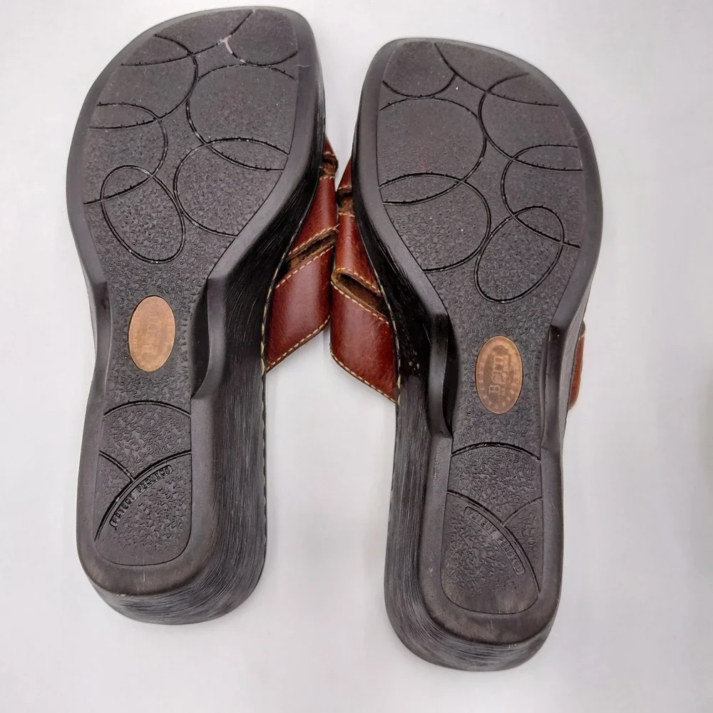 Born Womens Brown Leather Woven Slide Wedge Sandals W5077 K5 Size 11 43 Boho